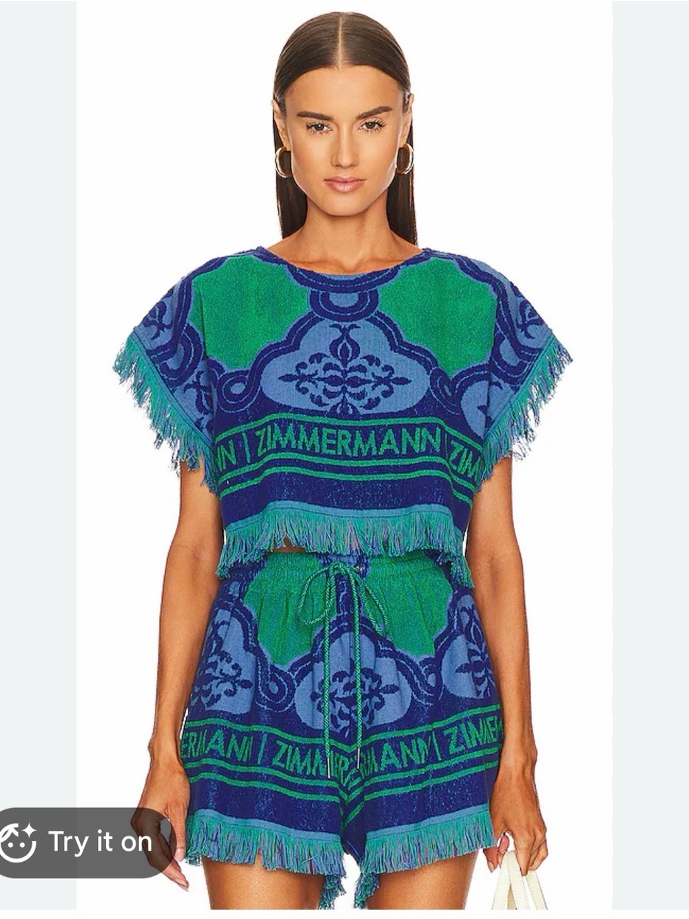 Zimmermann Ziggy Terry Logo Blue and Green Fringe Top and Shorts Set Size 1